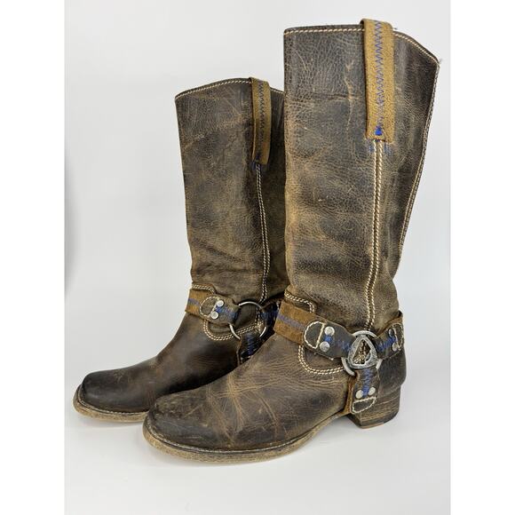Bed|Stü Womens Leather Harness Boots 7 Brown Distressed Western Moto Made In Mex - Picture 1 of 12